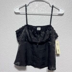 No Boundaries Satin Cami with Lace Trim and Tie, black Women's size L New